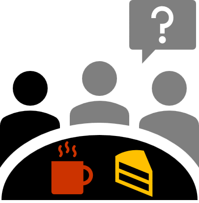 Symbolbild mit drei Personen, Kafeetasse und Kuchenstück